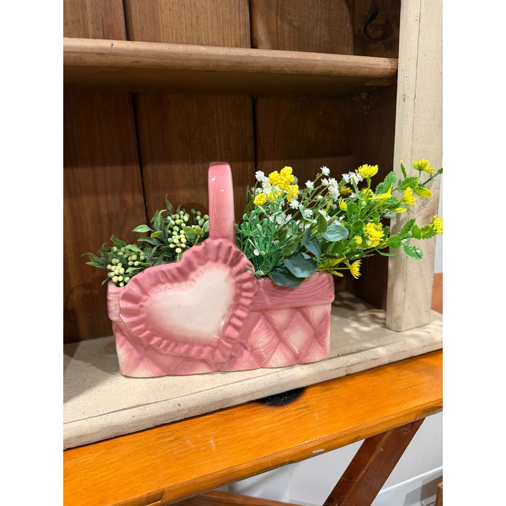Vintage Pink Ceramic Heart Basket Planter Woven Texture Valentine Decor